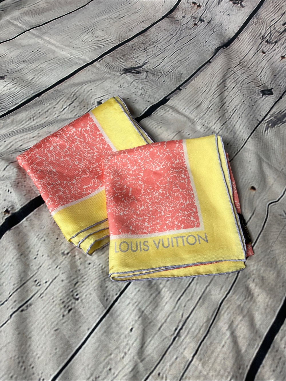 Set of 2 Louis Vuitton Yellow and Coral Floral Silk Scarves